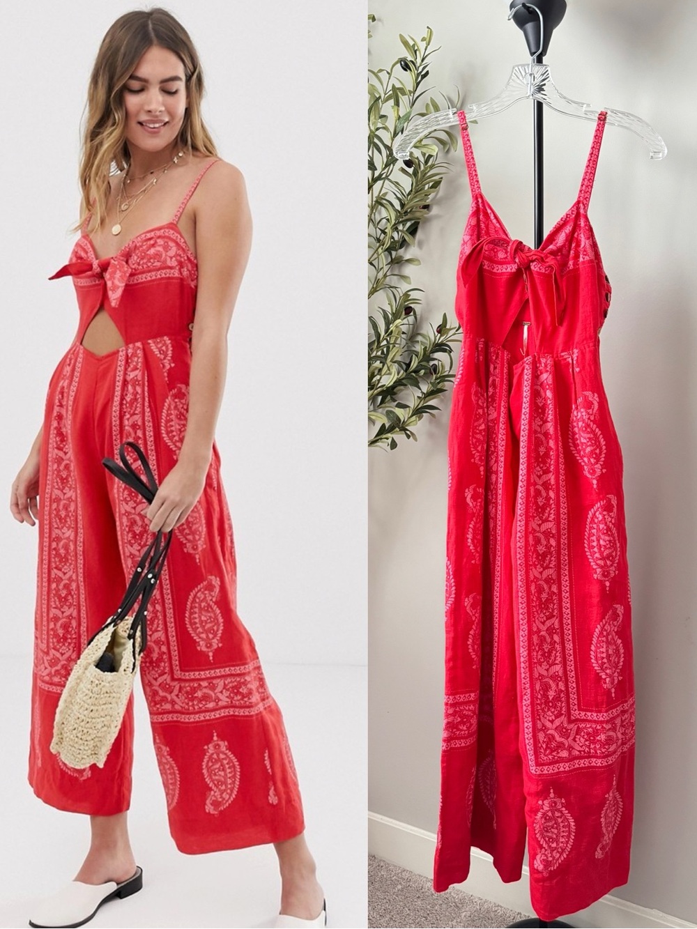 Free People Boho Red Linen Blend Jumpsuit Size 6